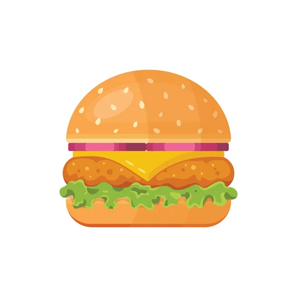 Hamburguesa clásica con ingredientes voladores. Icono de hamburguesa vectorial en estilo de dibujos animados . — Vector de stock