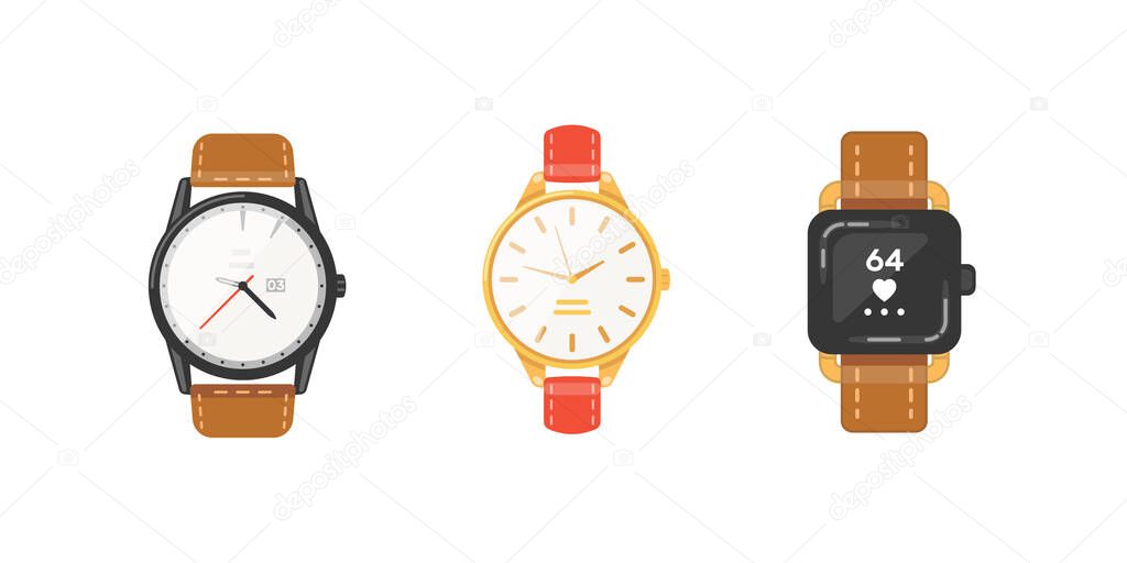 Classic watches set of vector icons. Watch for businessman, smartwatch and fashion clocks collection.