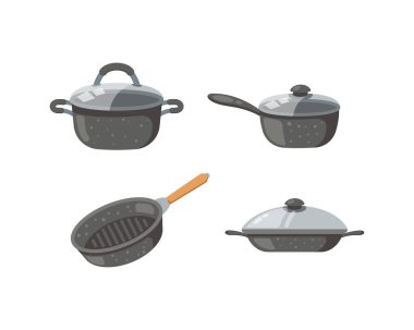 Tava vektör simgeleri ayarlayın. Mutfak kapları ve beyaz arka planda izole farklı tava.