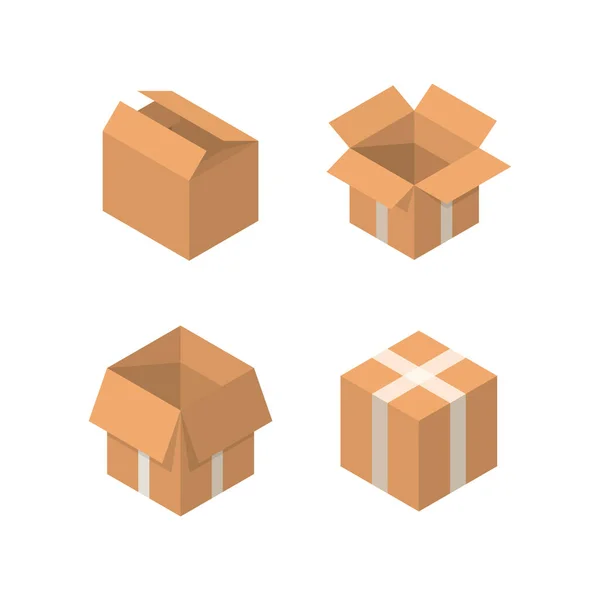 Isometrinen pakkauslaatikko vektorisarja. pahvilaatikot kokoelma sarjakuva tyyli eristetty valkoisella pohjalla . — vektorikuva