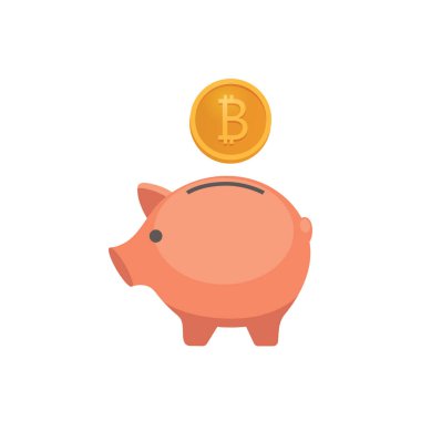 Çizgi film tarzında Bitcoin para vektör illüstrasyonlu domuz kumbarası. Güvenli para kavramı.
