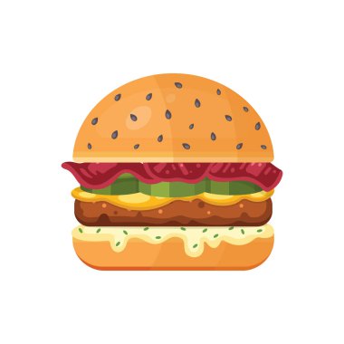 Uçan malzemelerle klasik burger. Karikatür tarzında vektör hamburger simgesi.