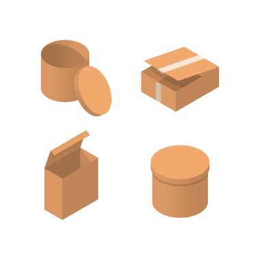 Isometrik ambalaj kutusu vektör seti. beyaz arka plan üzerinde izole karikatür tarzında karton kutular koleksiyonu.
