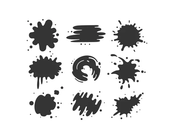 Zwarte verf blots collectie vector iconen. Cartoon verf splatters en inkt spatten. — Stockvector
