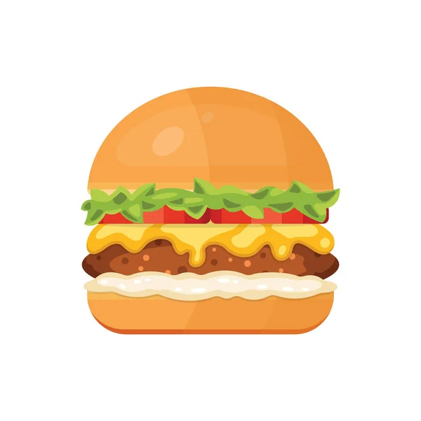 Uçan malzemelerle klasik burger. Karikatür tarzında vektör hamburger simgesi.