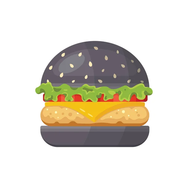 Классический черный бургер с летящими ингредиентами. Векторная икона гамбургера в стиле мультфильма . — стоковый вектор