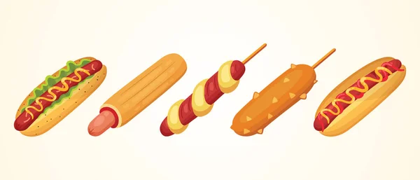 Hot dog conjunto de ilustraciones vectoriales. Colecciones de diferentes perros calientes ast food . — Vector de stock