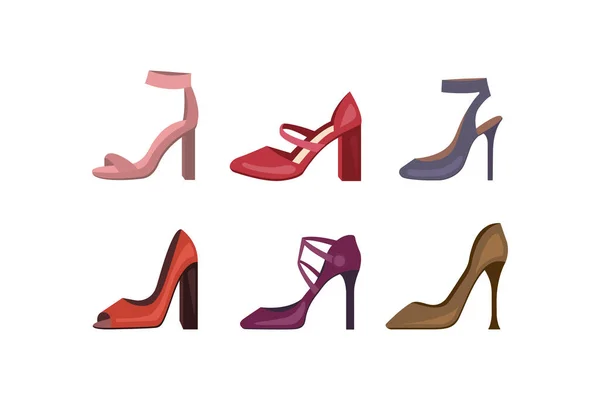 Diferentes zapatos de mujer de colores. Tacones altos estilete colección de zapatos para mujer. Calzado de moda para niñas . — Vector de stock