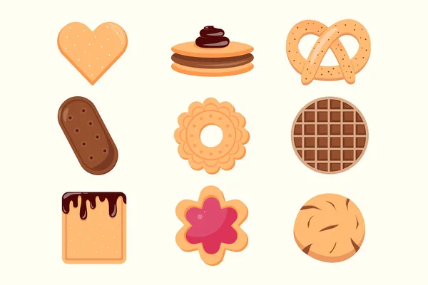 Cookie és keksz ikon gyűjtemény elszigetelt fehér háttérrel. Finom cookie rajzfilm vektor illusztráció édes étel. — Stock Vector