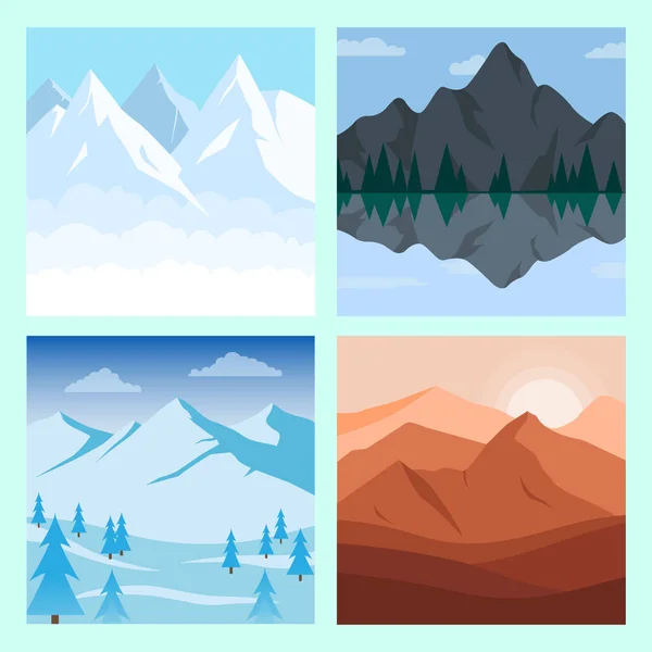 Diferentes montañas vectoriales paisaje conjunto vector ilustración. Montaña vectorial y bosque con colinas y árboles ilustración . — Vector de stock