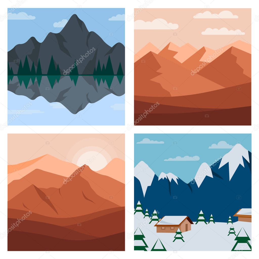 Different vector mountains landscape set vector illustration. Vector mountain and forest with hills and trees illustration.