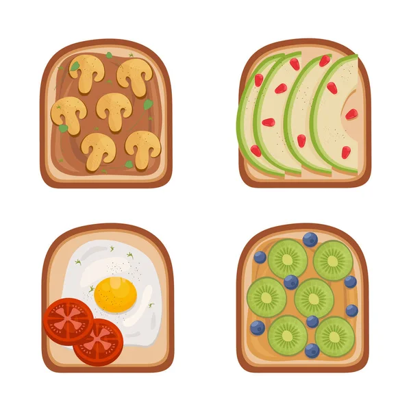 Toast breackfast vector illustration. Toasted sandwiches collection.Toasts with different ingredients Top View. — Stock Vector