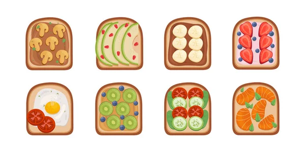 Toast breackfast vector illustration. Toasted sandwiches collection.Toasts with different ingredients Top View. — Stock Vector