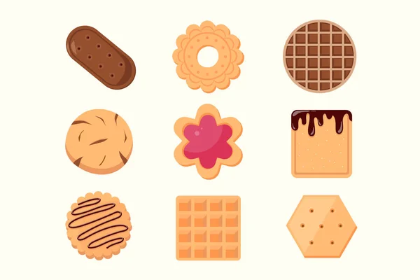 Συλλογή εικονιδίων μπισκότων και μπισκότων Απομονωμένη σε λευκό φόντο. Νόστιμα cookies εικονογράφηση φορέα κινουμένων σχεδίων γλυκό φαγητό. — Διανυσματικό Αρχείο