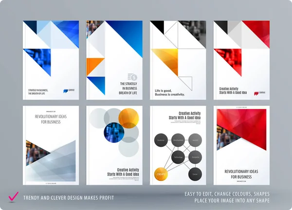 Modelo triangular de design de brochura. Conjunto abstrato moderno colorido, relatório anual com formas para branding . — Vetor de Stock