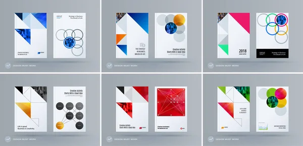 Trojúhelníkové šablona návrhu brožury. Barevné moderní abstraktní sada, výroční zpráva s tvary pro branding. — Stockový vektor