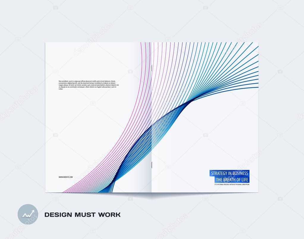 Abstract double-page brochure design soft style with colourful lines waves for branding. Business vector presentation broadside.