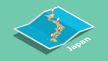Japonya haritalar izometrik tarzı ile keşfetmek ve imleç konumu etiket top vektör çizim üzerinde pin