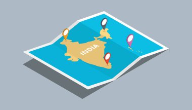 Hindistan haritalar izometrik tarzı ile keşfetmek ve konumu etiket top vektör çizim üzerinde pin