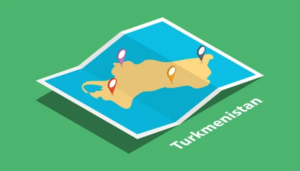 使用等距样式和 Pin 标记位置标记在顶部向量图中探索土库曼斯坦地图 — 图库矢量图片