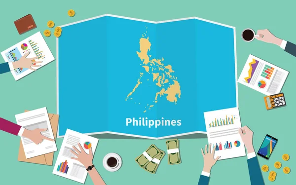Philippines País Crecimiento Nación Equipo Discutir Con Plegable Mapas Vista — Vector de stock