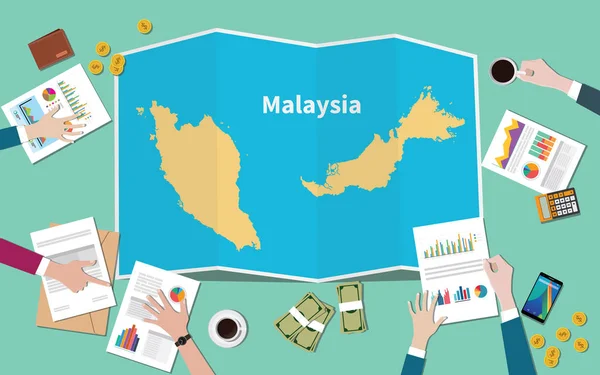 Malaysia Negara Pertumbuhan Tim Bangsa Membahas Dengan Lipat Peta Tampilan - Stok Vektor