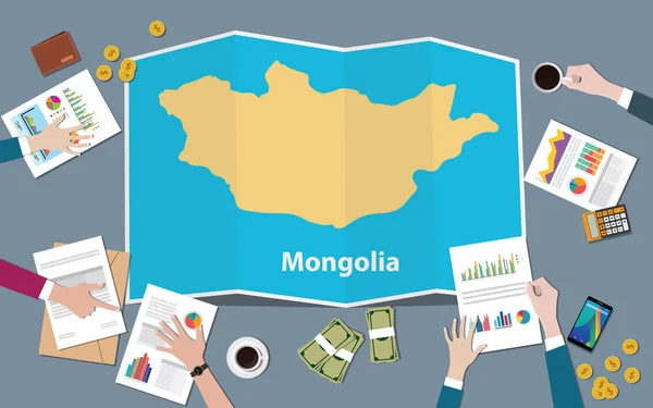 Mongolei Land Wachstum Nation Team Diskutieren Mit Faltkarten Ansicht Von — Stockvektor