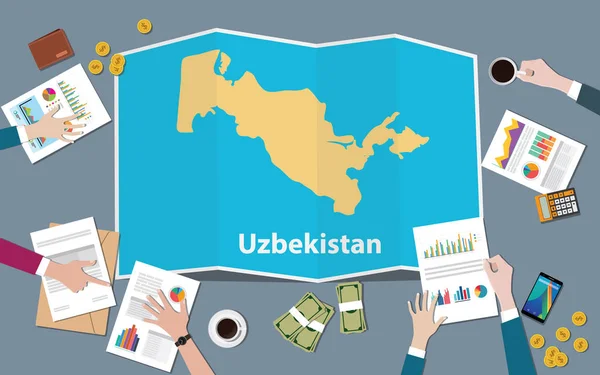 Tim Pertumbuhan Negara Uzbekistan Berdiskusi Dengan Tilikan Peta Lipat Dari - Stok Vektor