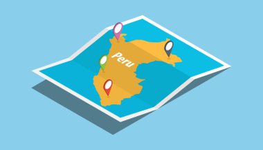 Peru haritalar izometrik tarzı ile keşfetmek ve konumu etiket top vektör çizim üzerinde pin