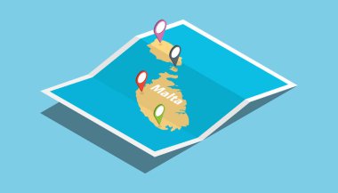 Malta izometrik tarzı ile haritalar ülke ülke keşfetmek ve konumu etiket top vektör çizim üzerinde pin