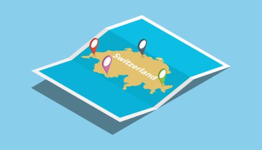 İsviçre izometrik tarzı ile haritalar ülke ülke keşfetmek ve konumu etiket top vektör çizim üzerinde pin