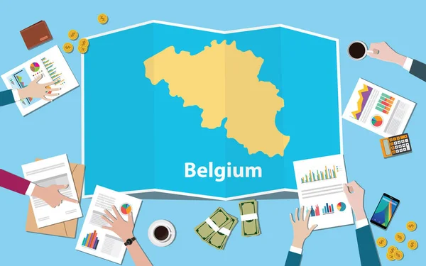 Belgium Economía País Crecimiento Nación Equipo Discutir Con Plegable Mapas — Vector de stock