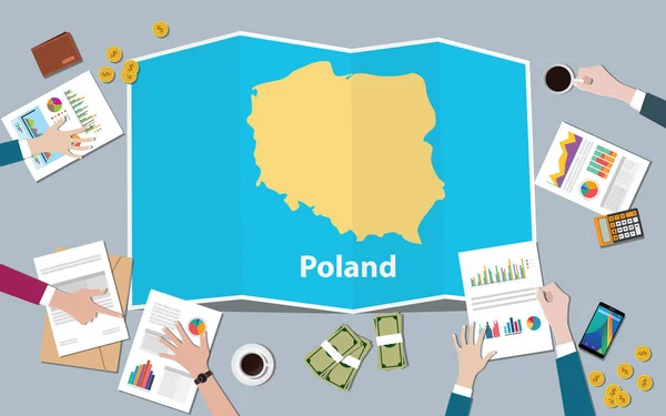 Tim Nasional Pertumbuhan Negara Poland Ekonomi Mendiskusikan Dengan Melihat Peta - Stok Vektor