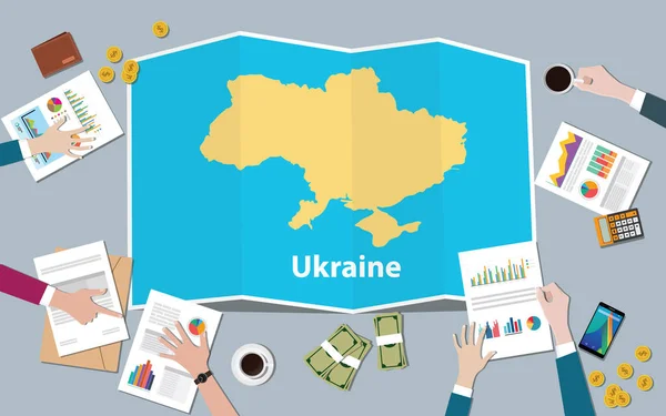 Ukraine Economía País Crecimiento Nación Equipo Discutir Con Plegable Mapas — Vector de stock