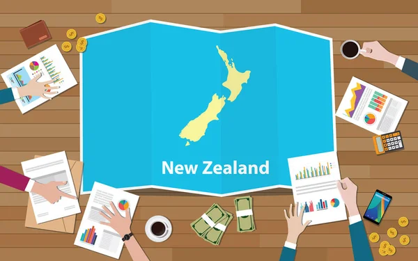Nowa Zelandia Gospodarki Kraju Wzrost Narodu Zespołu Dyskutować Widoku Mapy — Wektor stockowy