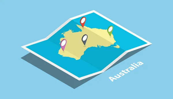 澳大利亚探索地图国家国家用等距样式和别针位置标记在顶部向量例证 — 图库矢量图片