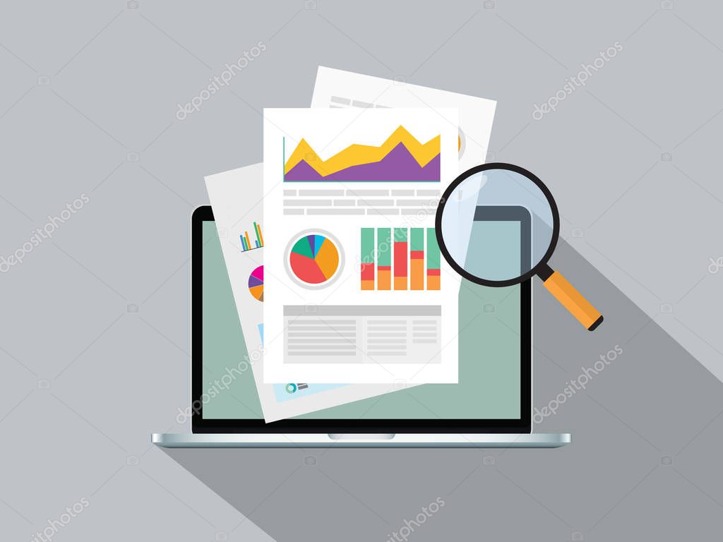 business report paper with graph online on top of notebook vector graphic illustration