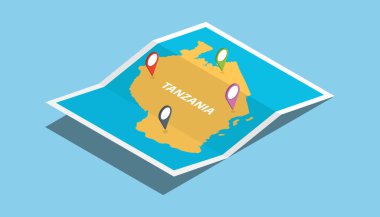 Tanzanya Afrika haritalar ile izometrik stil keşfetmek ve konumu etiket top vektör çizim üzerinde pin