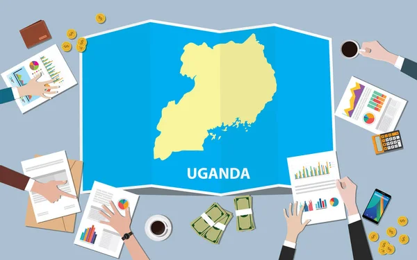Uganda Afryka Gospodarki Kraju Wzrost Narodu Zespołu Dyskutować Widoku Mapy — Wektor stockowy