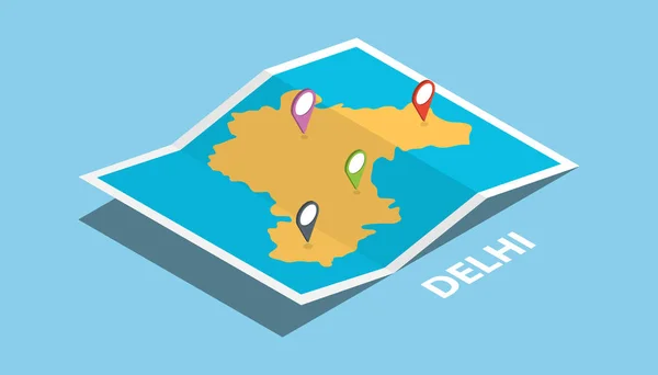 德里印度探索地图位置与折叠地图和 Pin 位置制造商目的地在等距样式向量例证 — 图库矢量图片