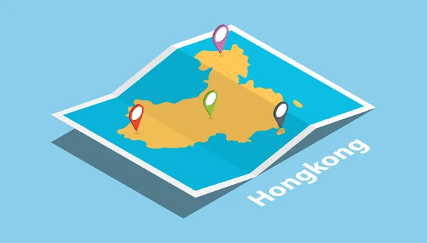 アイソメ図スタイルを持つ香港マップを探索し 上方ベクトル図に場所タグをピン — ストックベクタ