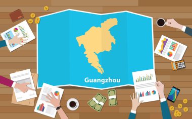 Guangzhou canton Çin şehir bölge ekonomisi büyüme ekibi ile görüşmek katlama haritalar görünümünden top vektör çizim üzerinde