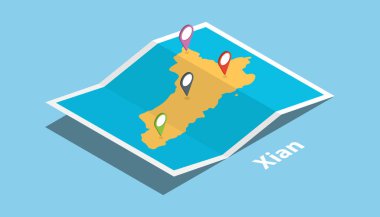 Xian shaanxi Eyaleti haritalar ile izometrik stil keşfetmek ve konumu etiket top vektör çizim üzerinde pin