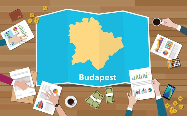 Budapest Hungary Capital City Ekonomi Growth Team Discussing Fold Map - Stok Vektor