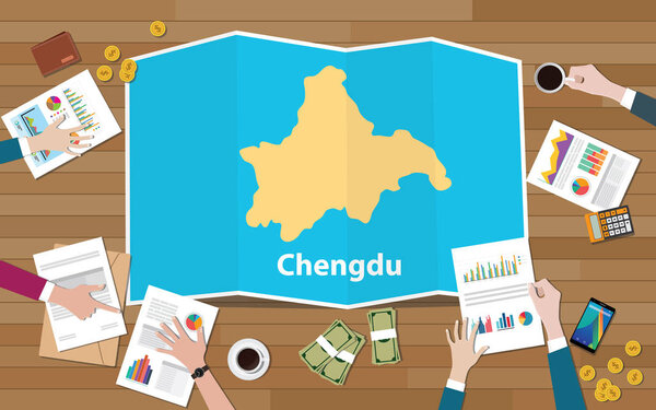 Чэнду Китай провинция роста экономики региона города с командой обсудить на складные карты зрения с верхней векторной иллюстрации
