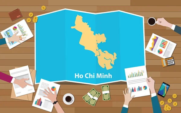 Chi Minh Vietnam Ciudad Región Economía Crecimiento Con Equipo Discutir — Vector de stock