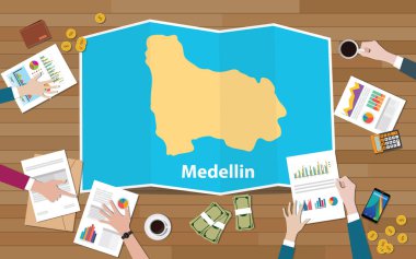 Medellin Kolombiya municiaplity şehir bölge ekonomisi büyüme ekibi ile görüşmek katlama haritalar görünümünden top vektör çizim üzerinde