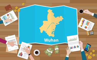 Wuhan hubei Çin şehir bölge ekonomisi büyüme ekibi ile görüşmek katlama haritalar görünümünden top vektör çizim üzerinde