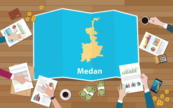 メダン インドネシア都市地域経済成長チームと上方ベクトル図から折りマップ ビューについてください — ストックベクタ