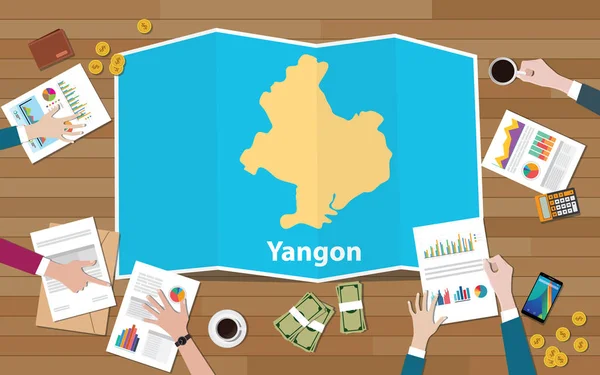 Rangun Myanmar Stadt Region Wirtschaftswachstum Mit Team Diskutieren Auf Faltkarten — Stockvektor